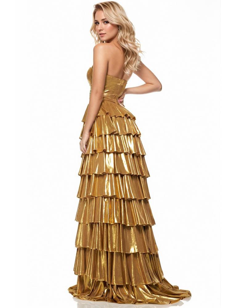 corset gold prom dress tiered ruffle