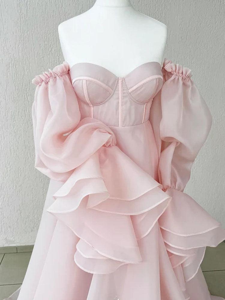 organza dress cute pink long sleeves maxi train ball gown