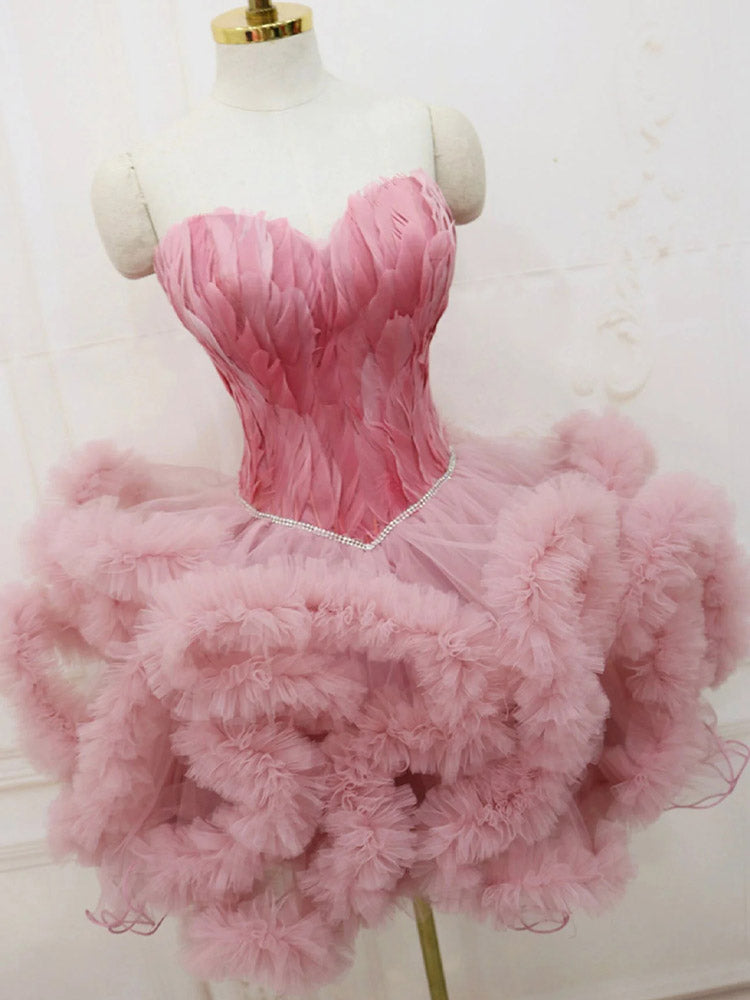 Pink Feather Dress Gorgeous Short Prom Dress Girls Party Dress