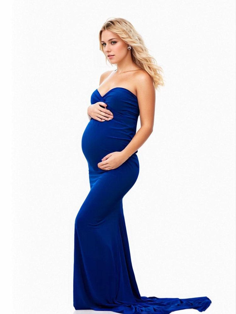 Blue Maternity Photoshoot Dress Stretch Fabric V Neck Mermaid Style Maternity Dress