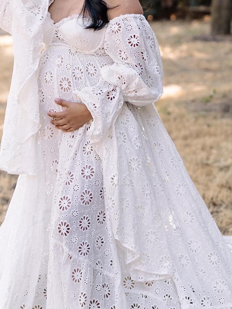 Boho Maxi Dresses Long Sleeve Detachable Photo Maternity Photoshoot Wedding Dress