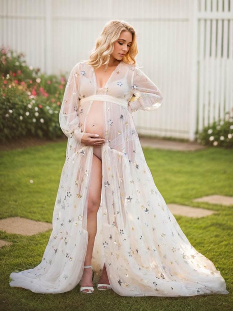 Maternity Tulle Elegant Maternity Dress Plus Size Long Sleeve Dress Suitable For Photo Shoot