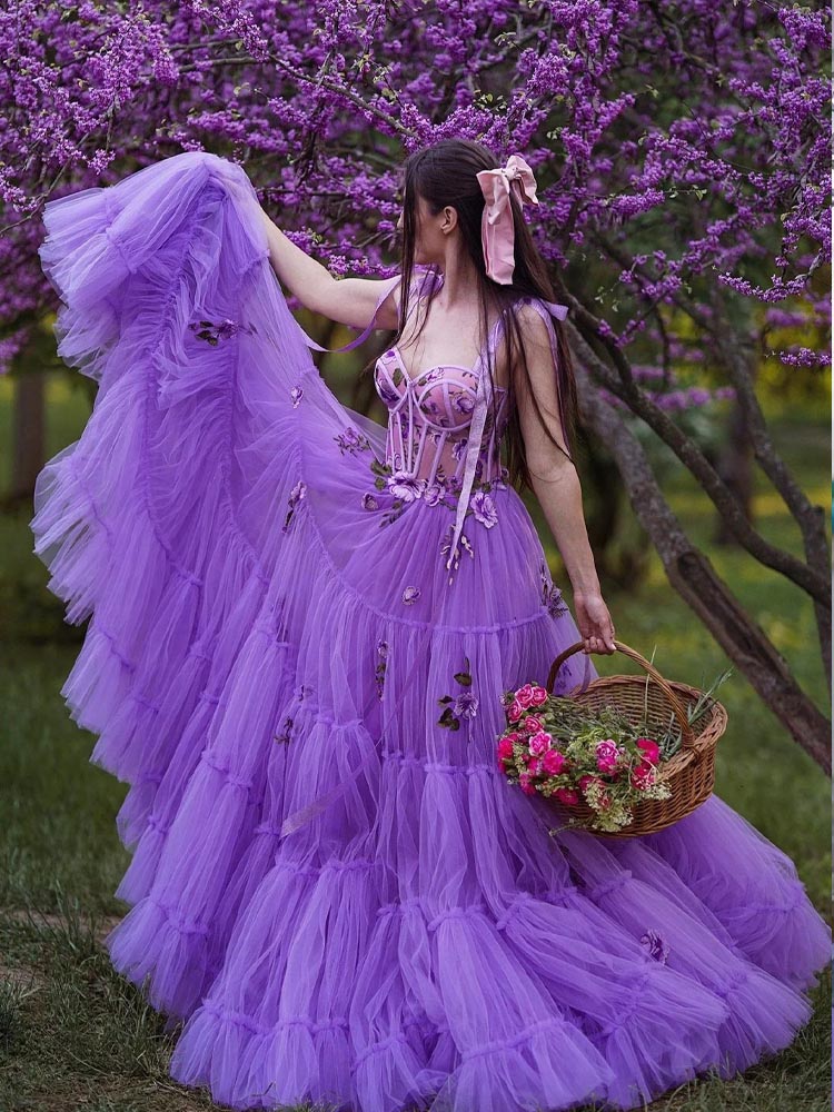 Purple Embroidered Dress Floral Ball Gown with Removable Sleeves