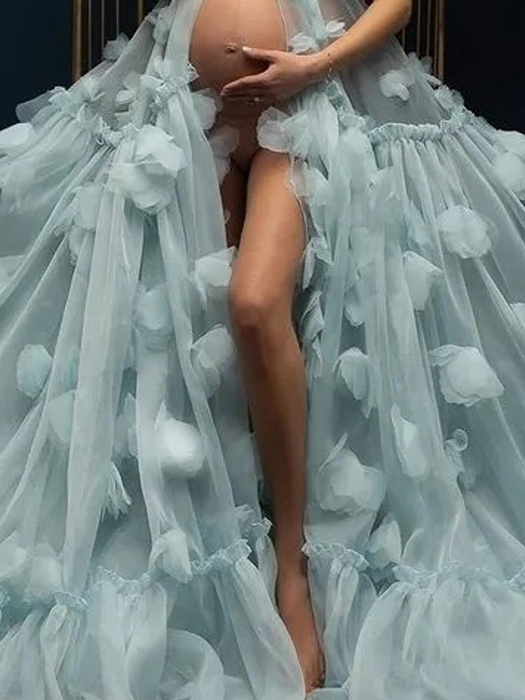 Tulle Maternity Photoshoot Dress Handmade 3D Flower Maternity Photography Robe