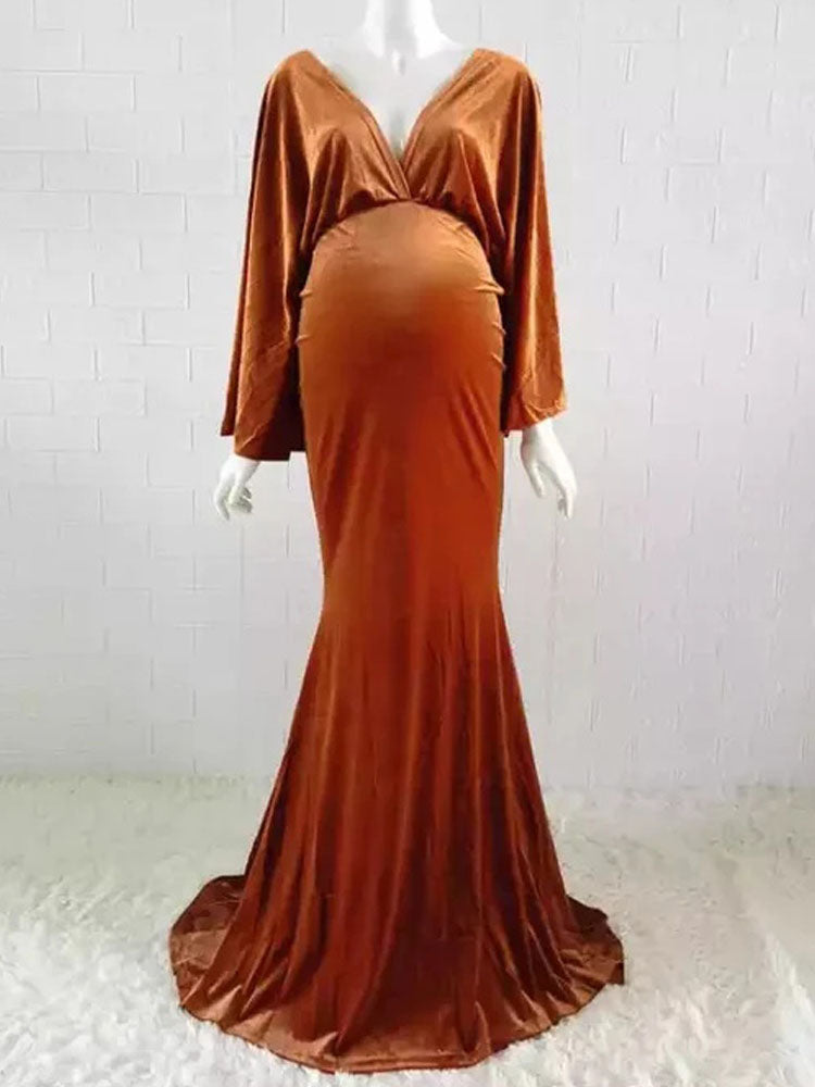 Velvet Maternity Dress Winter V-neck Evening Gown Long Sleeve Photography Dress