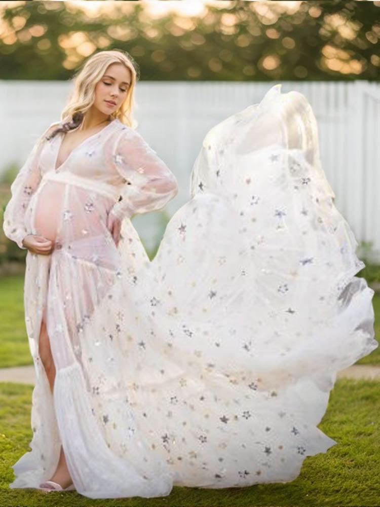 Maternity Tulle Elegant Maternity Dress Plus Size Long Sleeve Dress Suitable For Photo Shoot