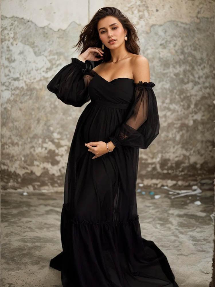 Off The Shoulder Maternity Dress Black Robe For Maternity Photography, Baby Shower Dress