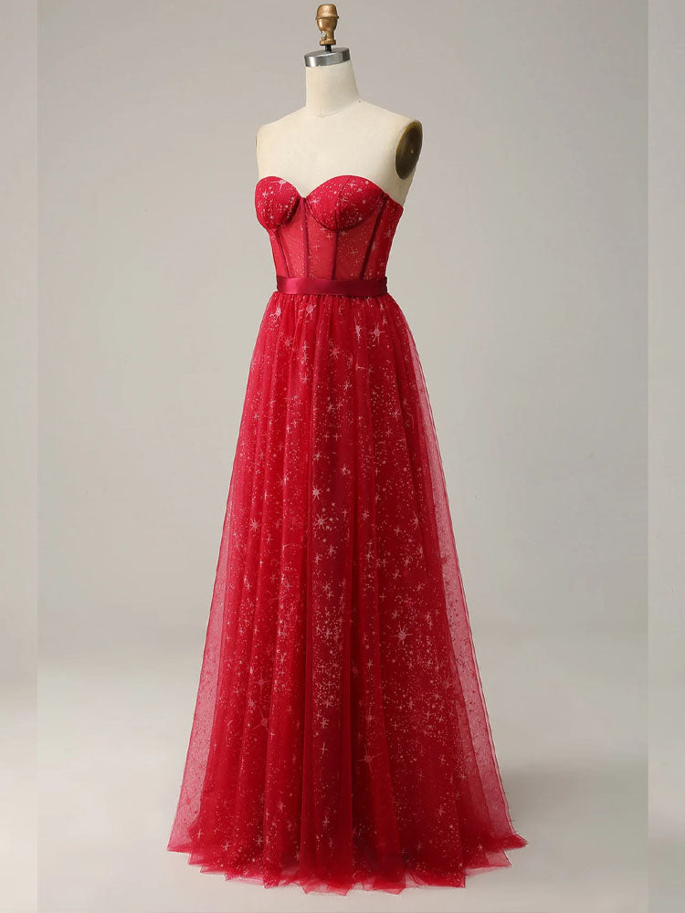 Red Tulle Dress A-Line Off-The-Shoulder Floor-Length Elegant Ball Gown