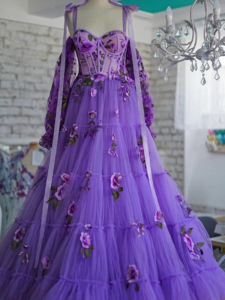 Purple Embroidered Dress Floral Ball Gown with Removable Sleeves