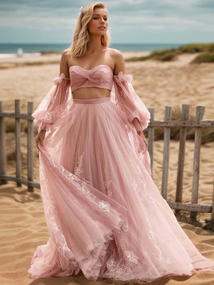 Two Piece Skirt And Top  Pink Long-Sleeved Women's Lace Flower floor-Length Dress