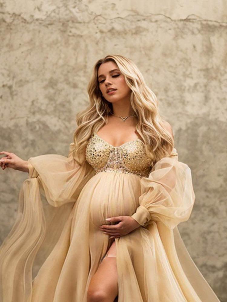 Sequin Maternity Dress Pregnant Women Photo Shoot Dress, Tulle Dress, Belly Button Skirt With Front Slit