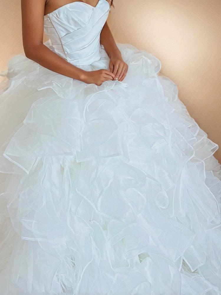 Simple White Wedding Dress Ruffled Long Dress With Train