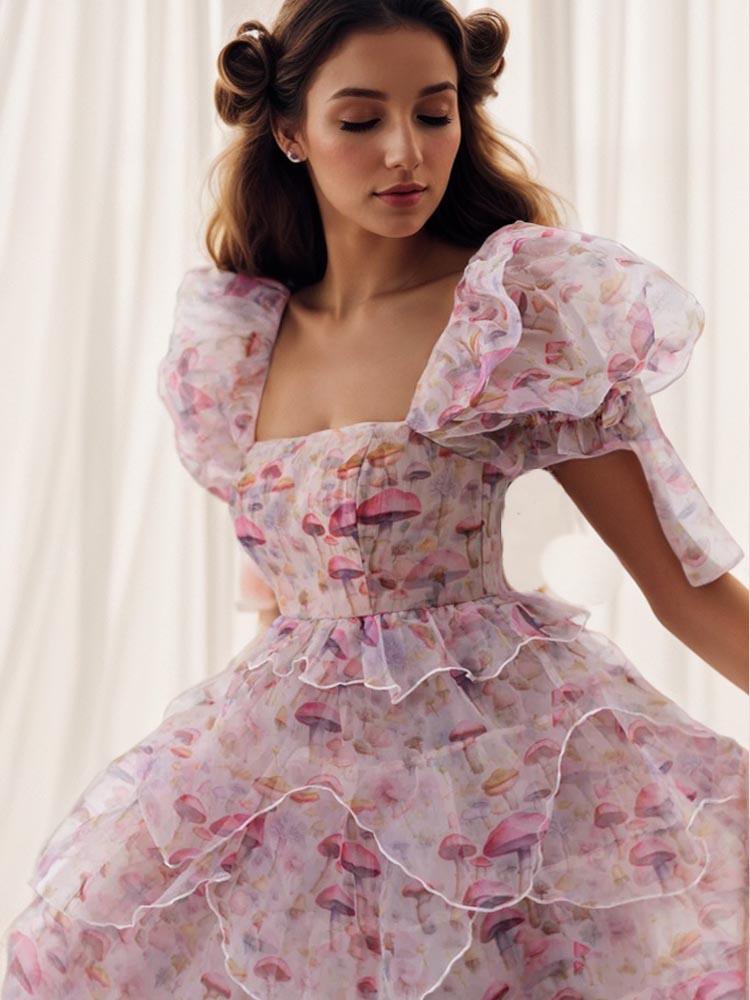 Dress With Organza Overlay ,Puff Sleeves Bustier Printed Ball Gown