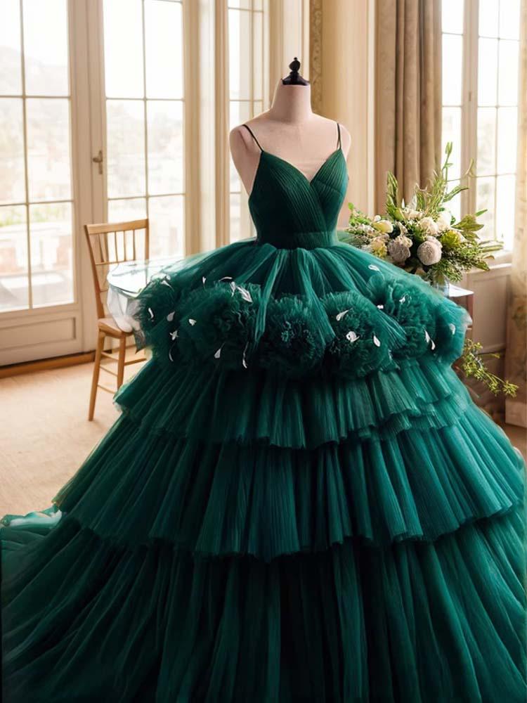 Emerald Green Quinceanera Dress Feather-Decorated 3D Flower Fluffy Maxi Suspender Skirt