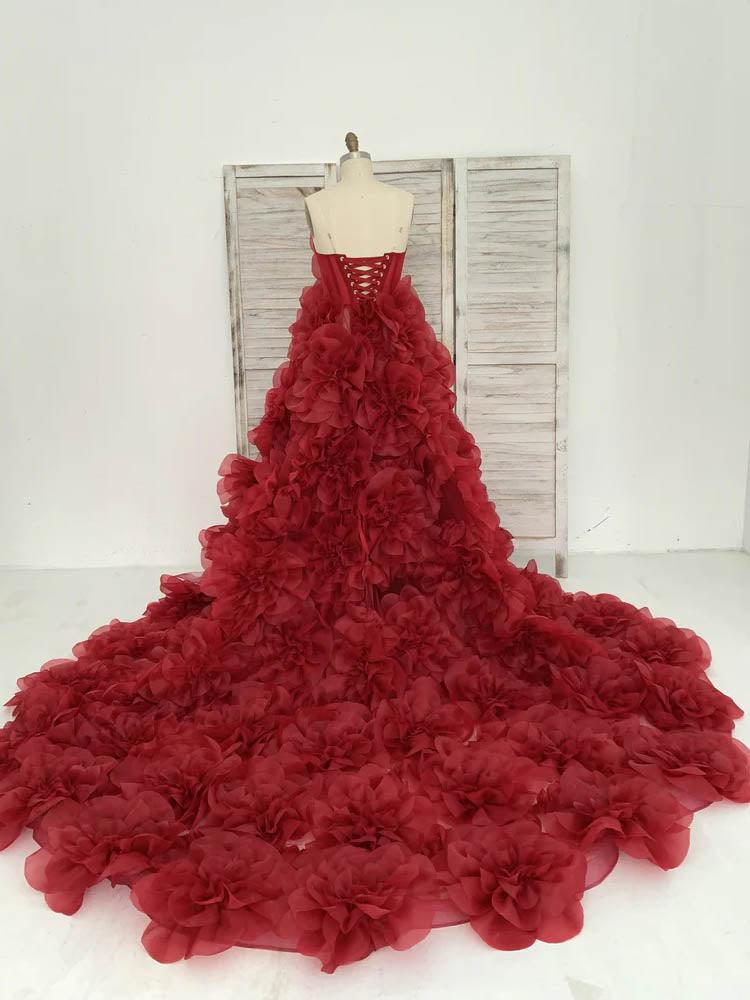 3d Flower Dress Red Long Dress With Train Is Suitable For Taking Photos