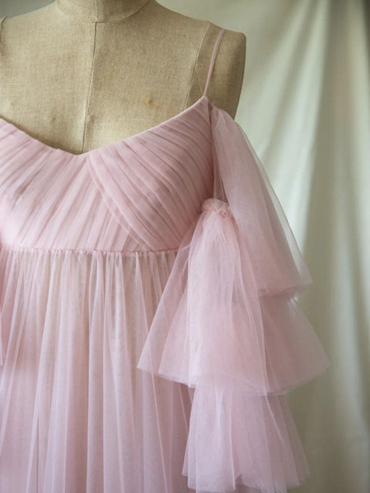 Pink Tulle Maternity Dress Elegant Ruffled See-Through Maternity Dress, Perfect For Photoshoots