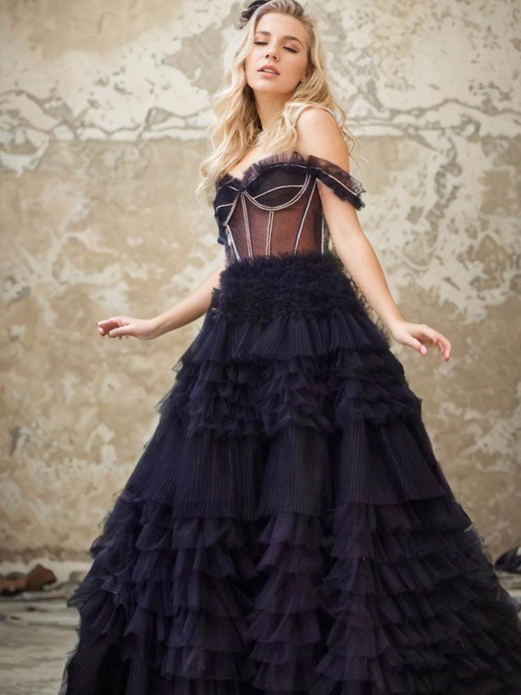 Black Quinceanera Dresses Tulle Ruffled Ball Gown Photography Dress Suit