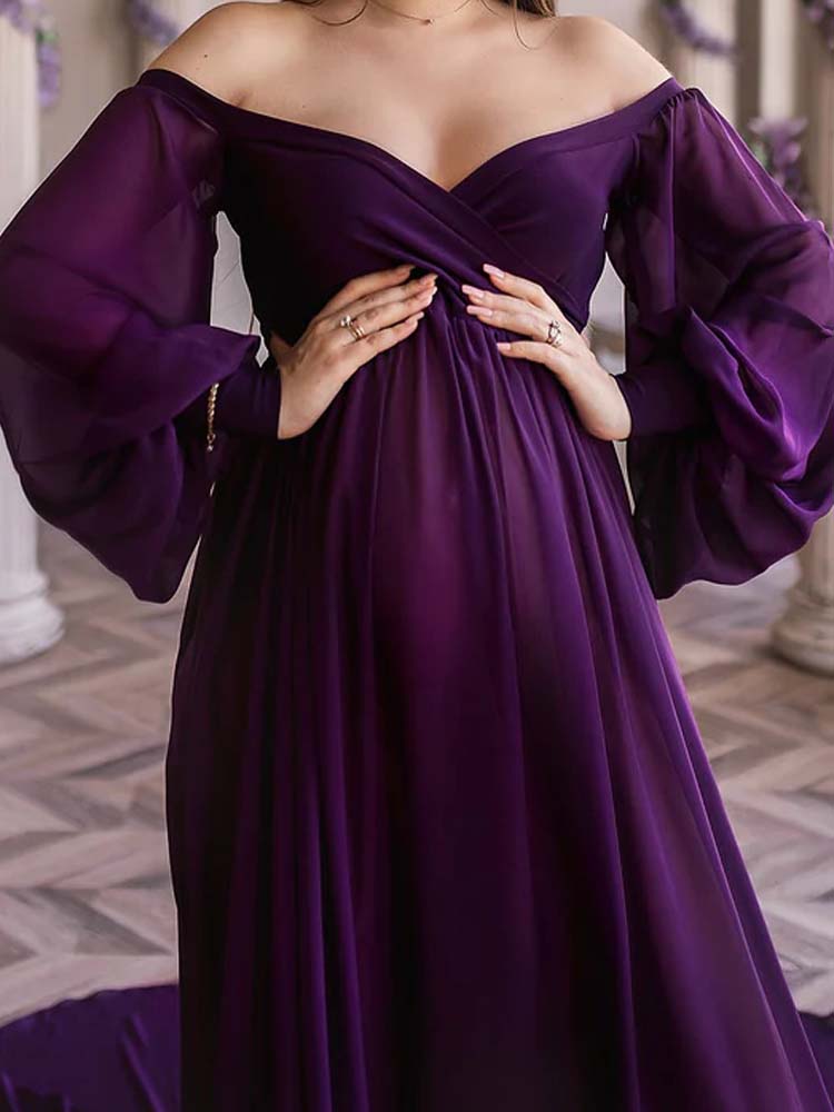 Purple Maternity Dress Long Sleeve Baby Shower Maternity Dress