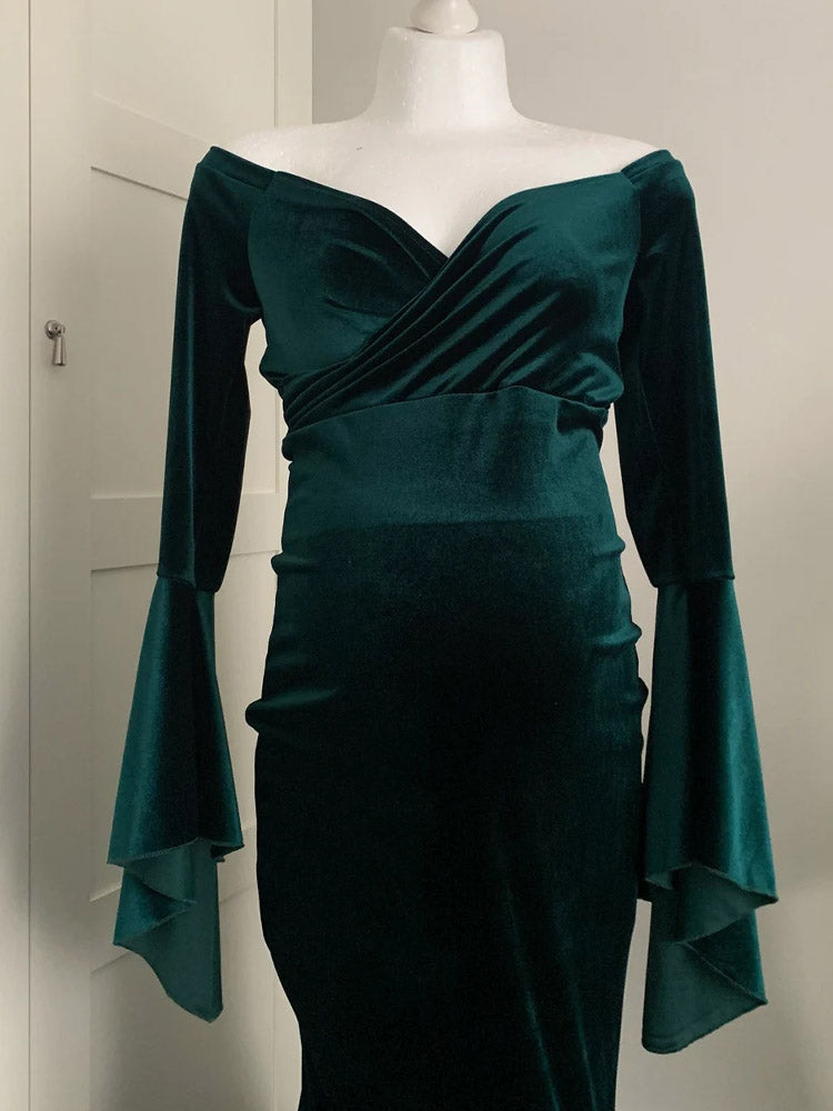 Velvet Green Maternity Dress Long Sleeve Maternity Baby Christening Dress Suitable For Photo Shoot