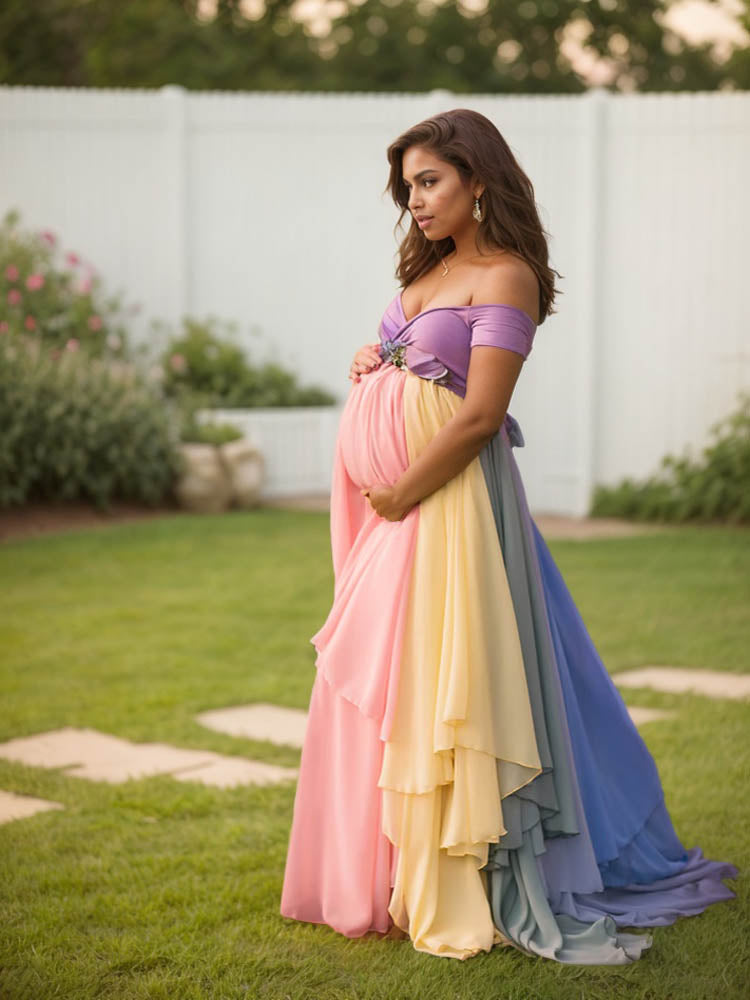 Colorful Midi Dress Chiffon Maternity Dress Baby Shower Photography Dress