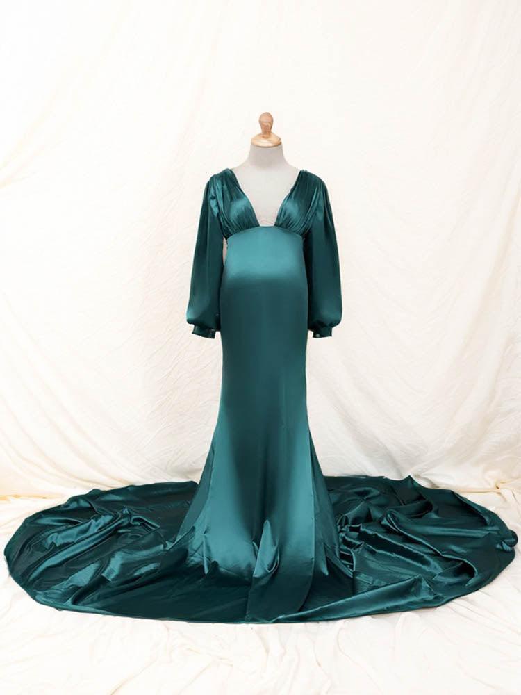 Satin Maternity Dress For Photoshoot Green Long-Sleeved Sexy Extra-Long Maternity Dress