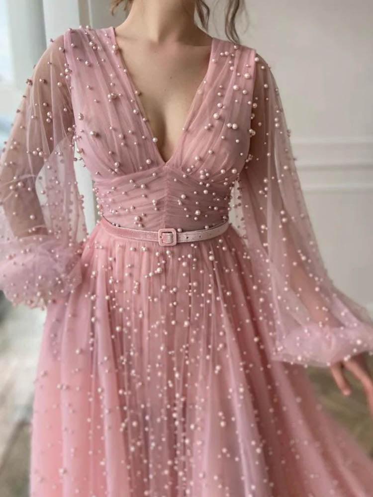 Pearl Dress Pink Long Sleeve Tea Party Gown Women's Dress