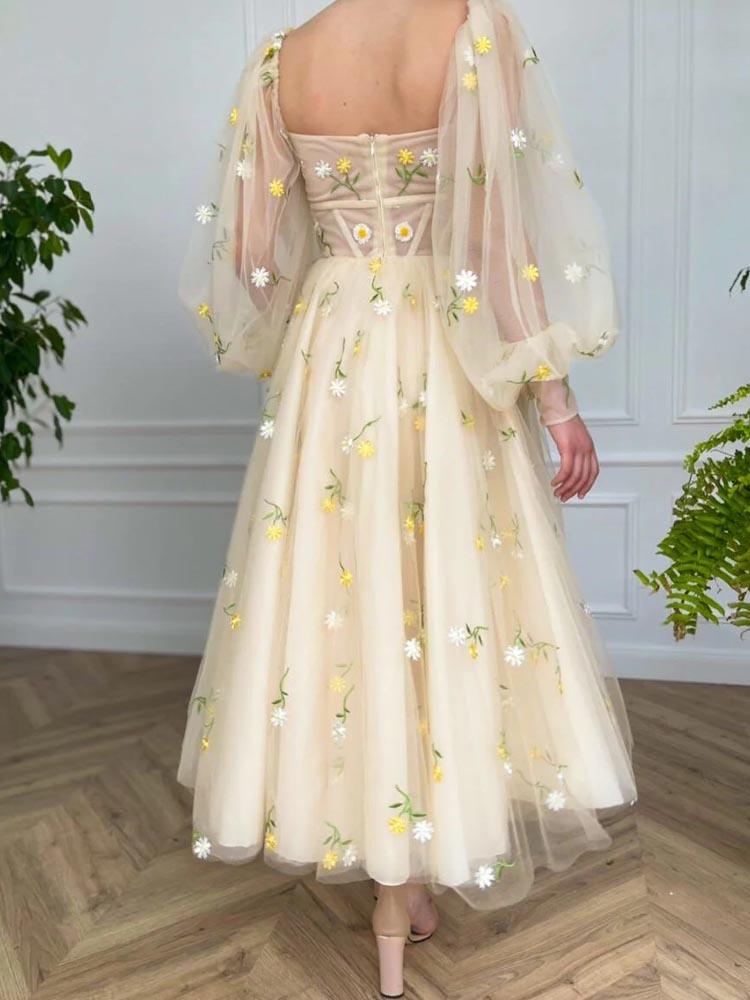 Embroidered Tulle dress Long Sleeve Floor Length Tea Dress