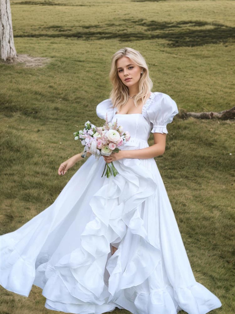 Organza Dress Floor-Length White Short-Sleeved Ball Gown, Photo Shoot Dress