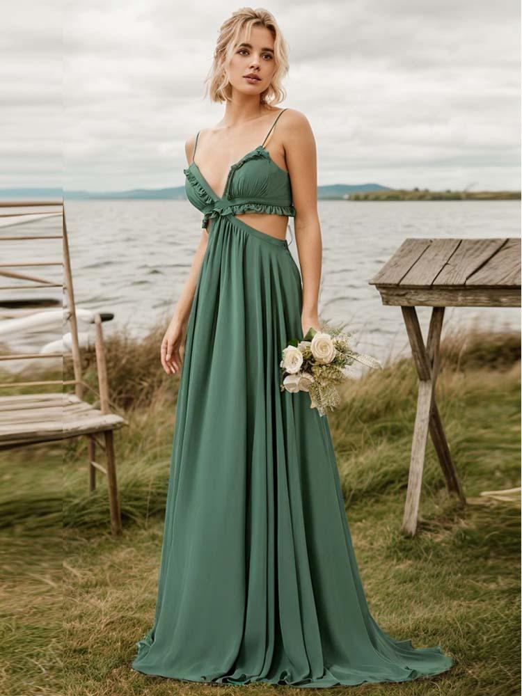 Dark Green Wedding Guest Dress Sexy hollow strap chiffon dress