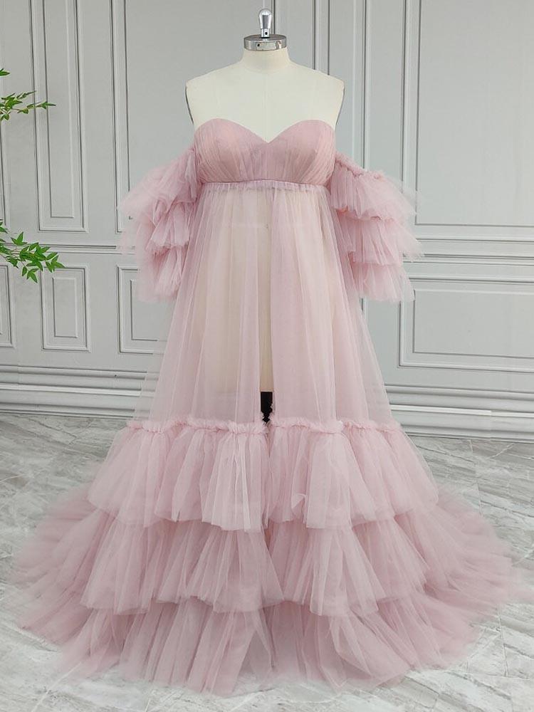 Tulle Maternity Dress Pink Multi-Layered Ruffle Baby Shower Maternity Dress