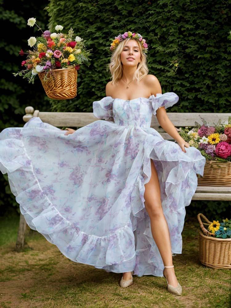 Organza Puff Sleeve Dress Printed Floral Ball Gown Perfect For Photo Shoots