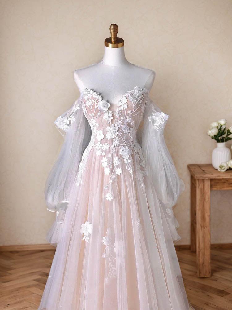 Light Pink Wedding Dress Long Sleeve Sexy Princess Lace Floral Dress