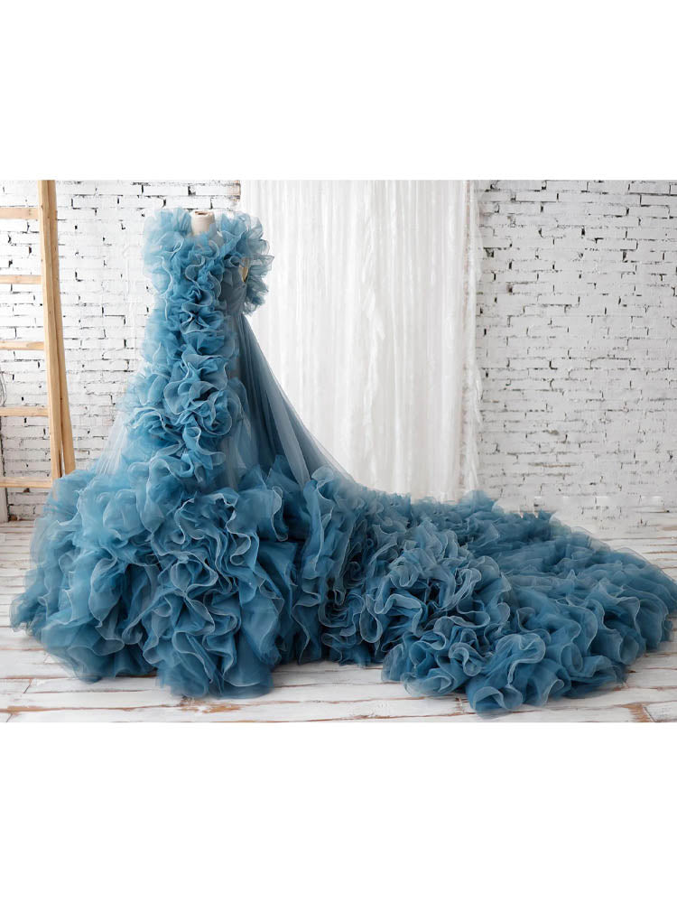 Dusty Blue Maternity Dress Organza Baby Shower Maternity Robe Photography Dress