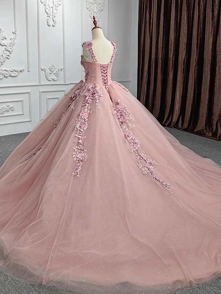 Pink Quinceanera Dresses Long Tail 3D Floral Skirt Suitable For Photography