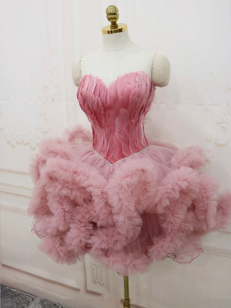 Pink Feather Dress Gorgeous Short Prom Dress Girls Party Dress