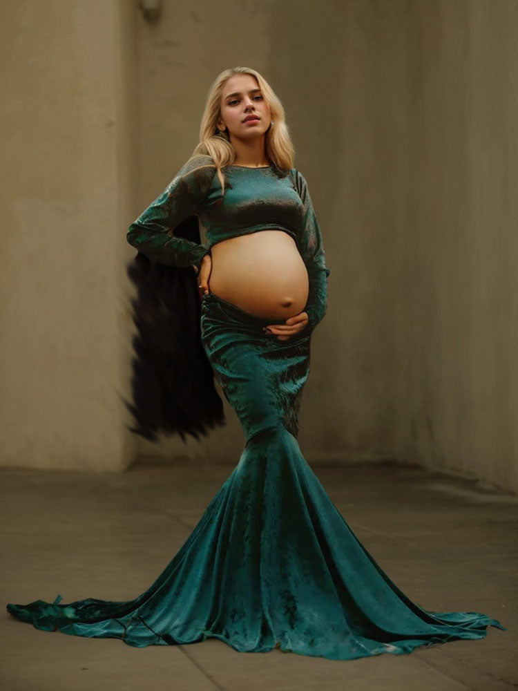 Velvet Green Maternity Dress Two-Piece Cropped Top And Long Skirt Photoshoot Dress