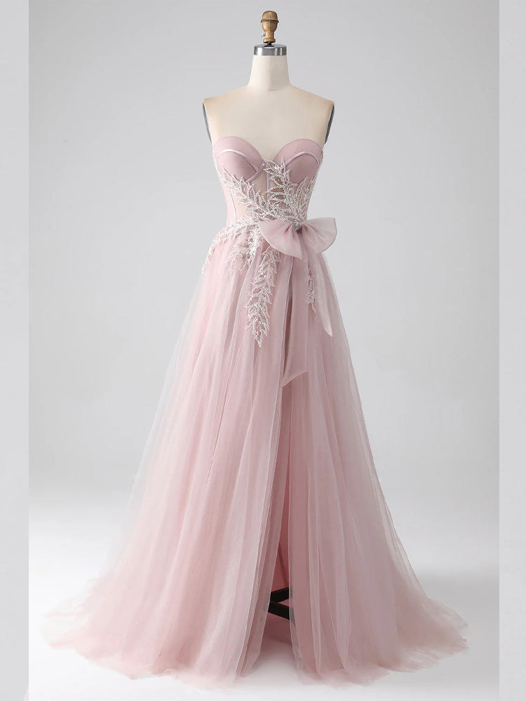 Blush Color Dress Bow Decoration Floral Ball Gown