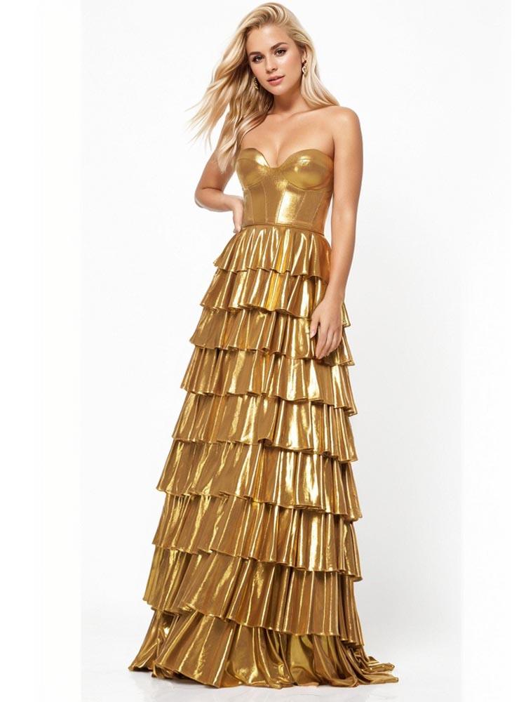 corset gold prom dress tiered ruffle