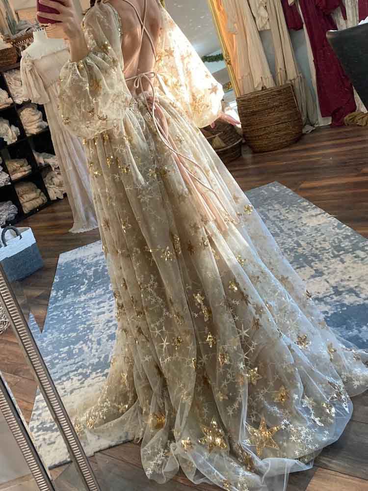 Sequin Maternity Dress Champagne Color Tulle Thorn Robe See-Through Photo Dress