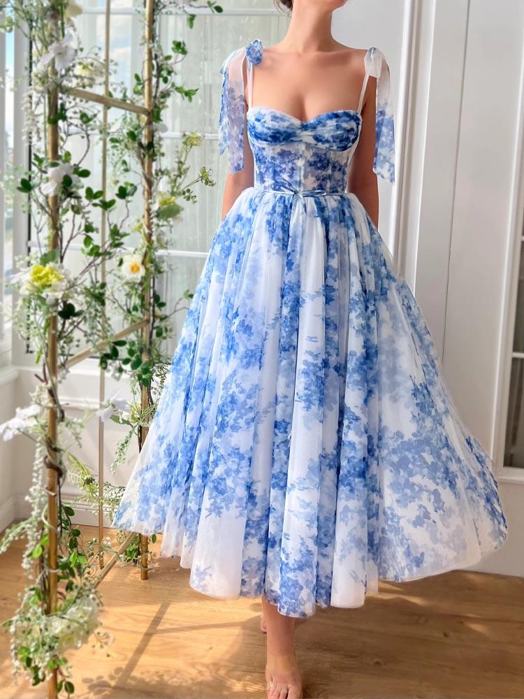 Garden Party Tea Length Dresses Blue Printed Ball Dress