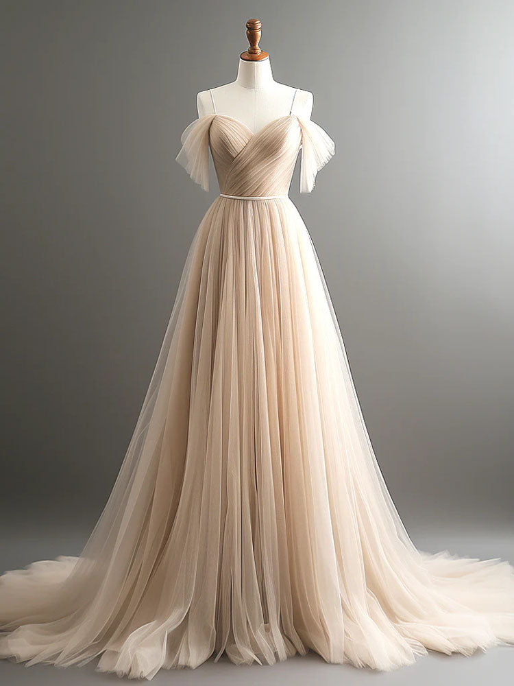 Tulle Maxi Dress Sexy Spaghetti Straps Champagne Colored Dress