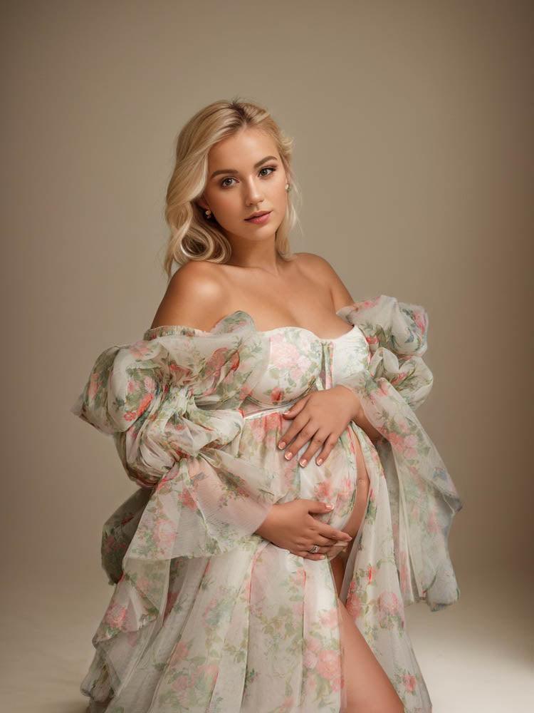 Floral Maternity Dress Long Sleeve Soft Organza Off-The-Shoulder Long Dress with Train