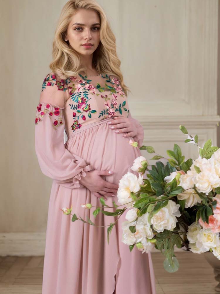 Maternity Baby Shower Dresses Pink Embroidered Evening Gown