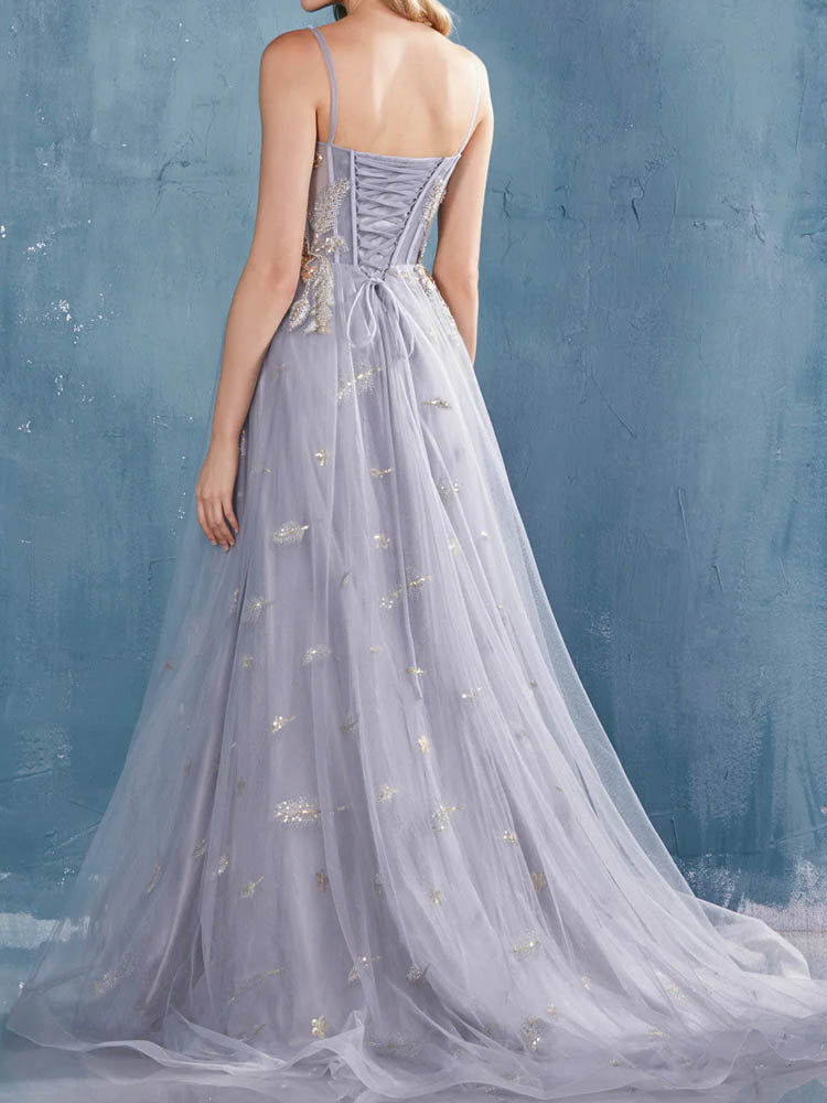 Embroidered Cocktail Dress Princess Trail Sequined Tulle Ball Gown