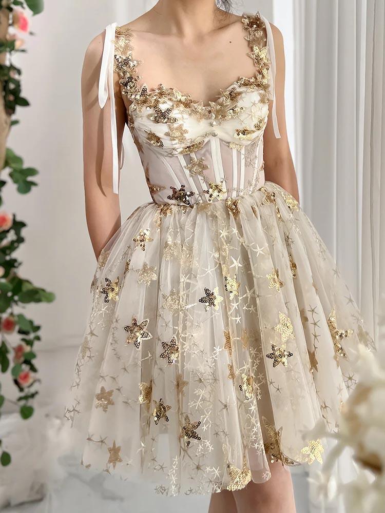 Sequin Mini Skirt Sweetheart Star Tulle Tea Party Dress