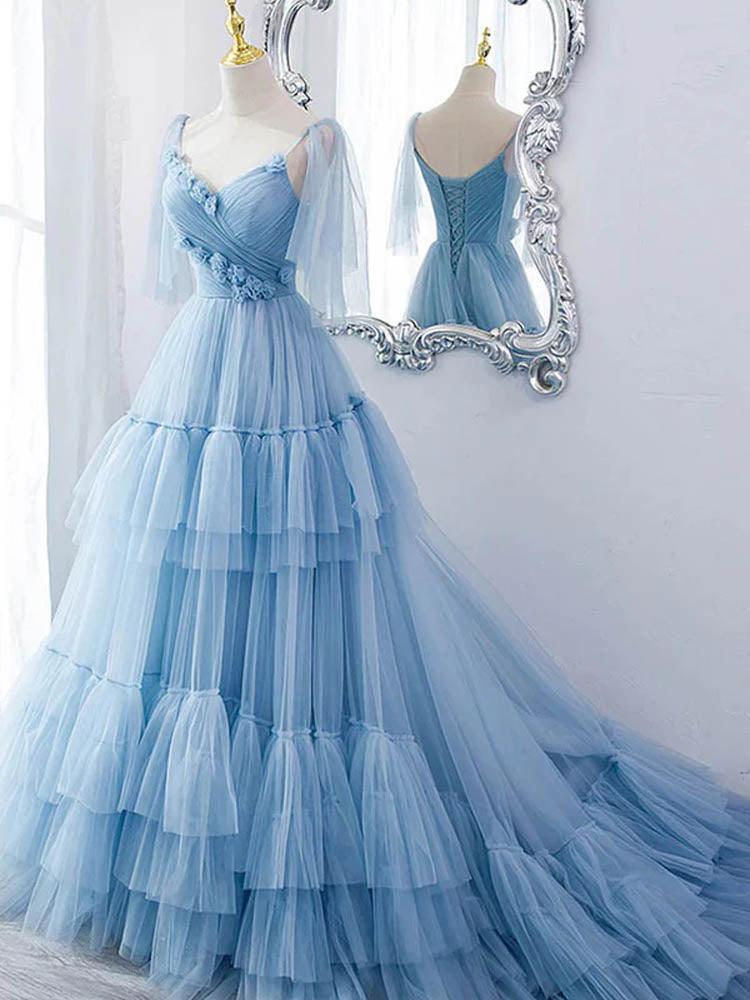 Light Blue Quince Dress Elegant Tulle Wedding Guest Dress Styles