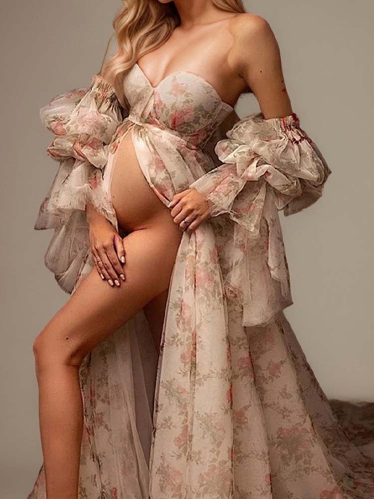 Vintage Maternity Dress Floral Print Organza Perfect For Baby Shower Photography Props