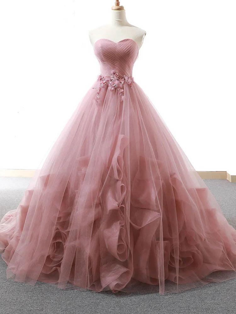 pink's wedding dress/ Elegant tulle dress with lace 3D flower decoration at waist