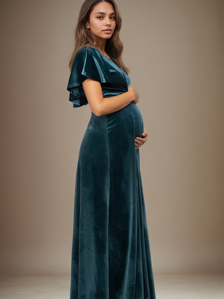 Maternity Velvet Dress V-neck Backless Evening Dress