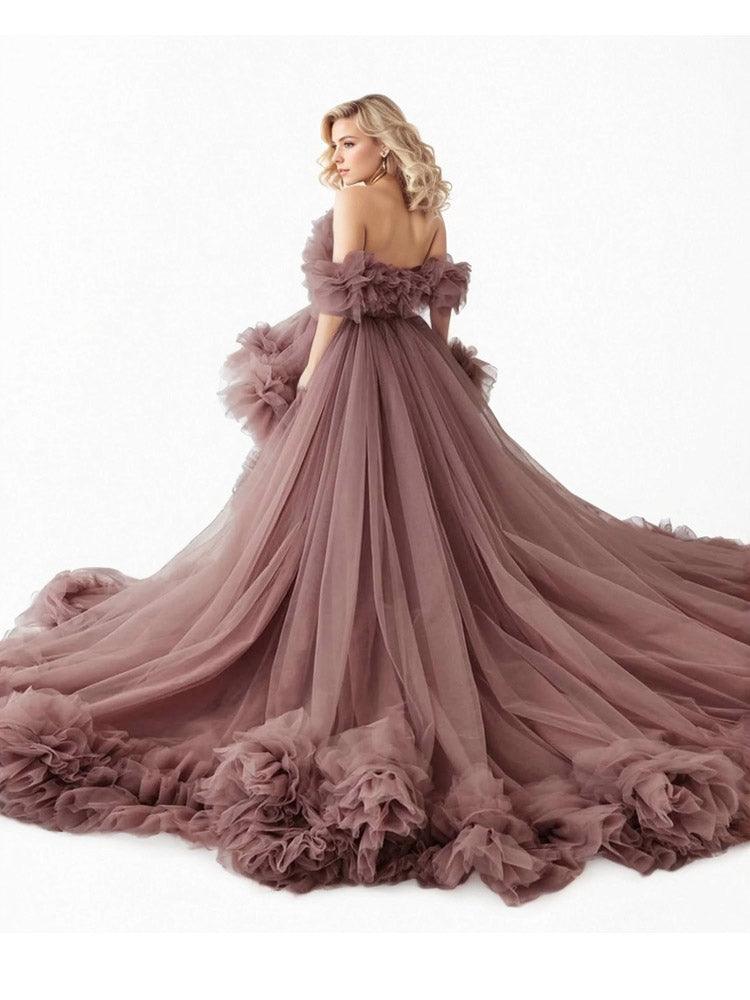 Tulle evening dress long ball gown fluffy long train shooting dress wedding guest dress